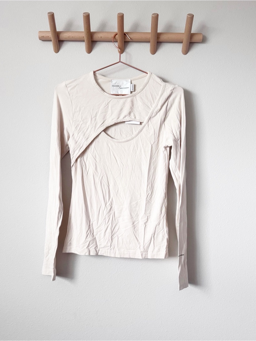 Vanessa Hong x Birgitt Herskind Long Sleeve Cutout Tee in Beige - Minimalist Top - Picture 2 of 11
